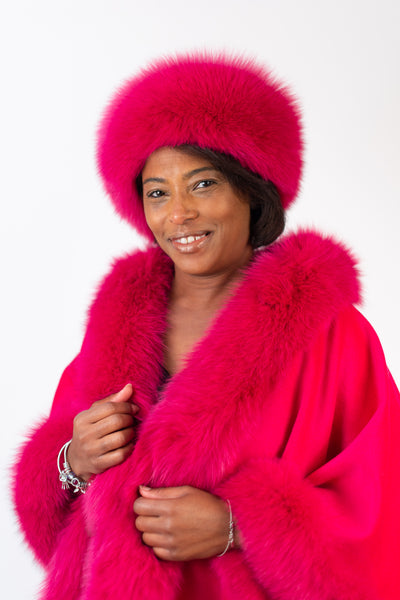Rippe's Furs Cashmere Cape with Fox Fur Trim - Hot Pink