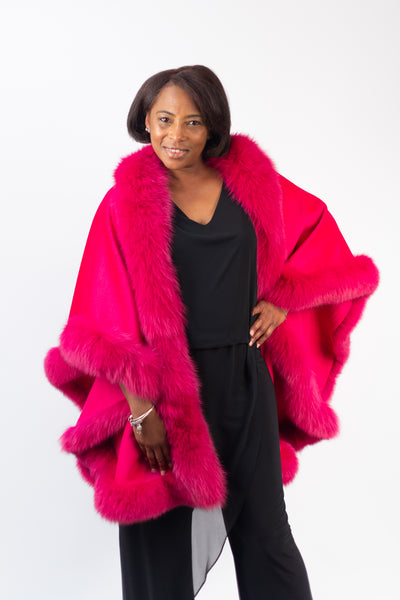 Rippe's Furs Cashmere Cape with Fox Fur Trim - Hot Pink