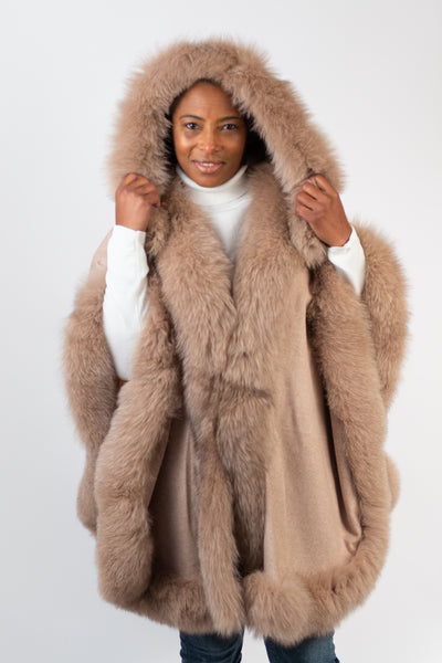 Rippe's Furs Hooded Cashmere Cape with Fox Fur Trim - Oatmeal