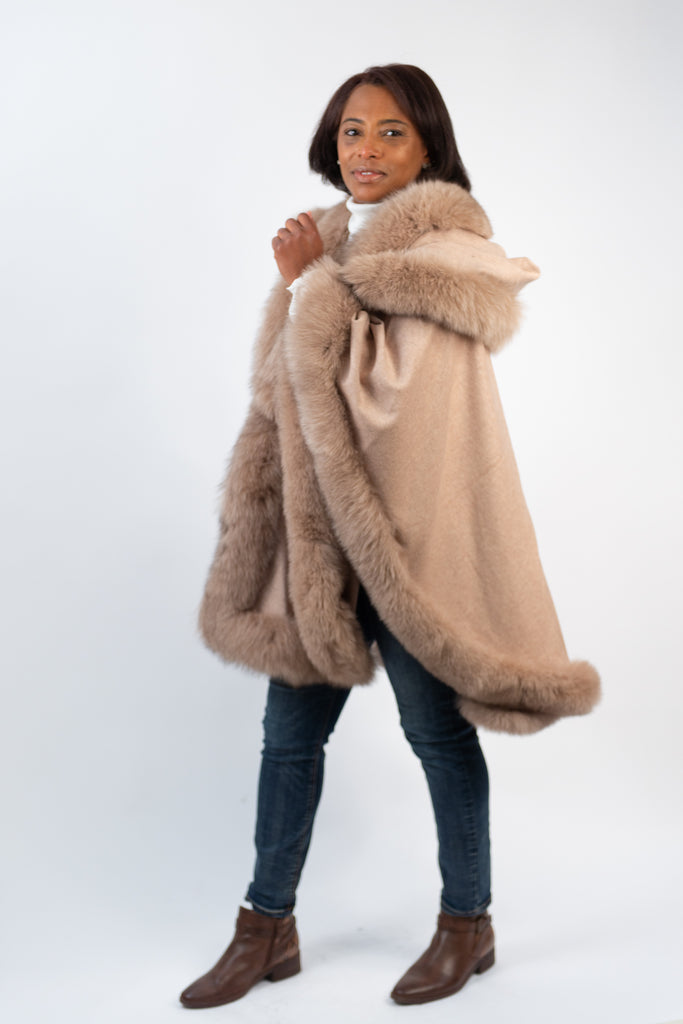 Rippe's Furs Hooded Cashmere Cape with Fox Fur Trim - Oatmeal
