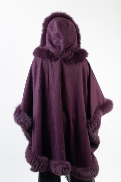 Rippe's Furs Hooded Cashmere Cape with Fox Fur Trim - Purple
