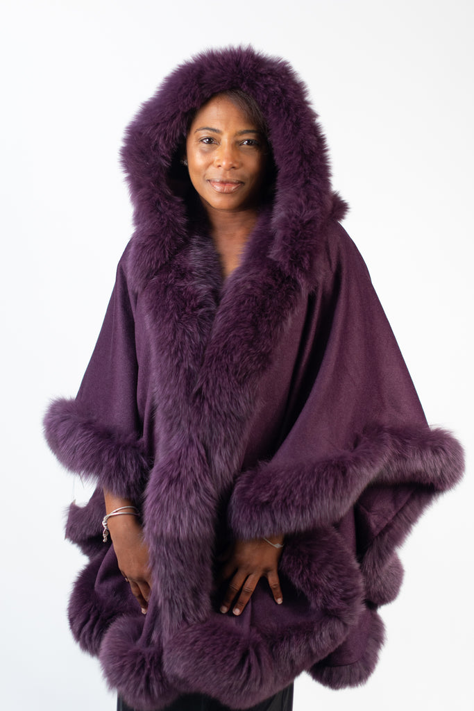 Rippe's Furs Hooded Cashmere Cape with Fox Fur Trim - Purple