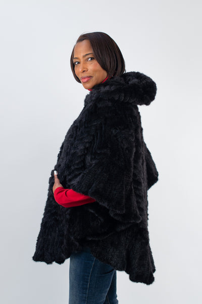 Rippe's Furs Hooded Knitted Mink Zip Front Poncho - Black