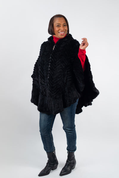 Rippe's Furs Hooded Knitted Mink Zip Front Poncho - Black