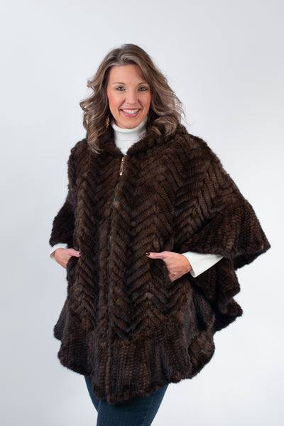 Rippe's Furs Hooded Knitted Mink Zip Front Poncho - Brown