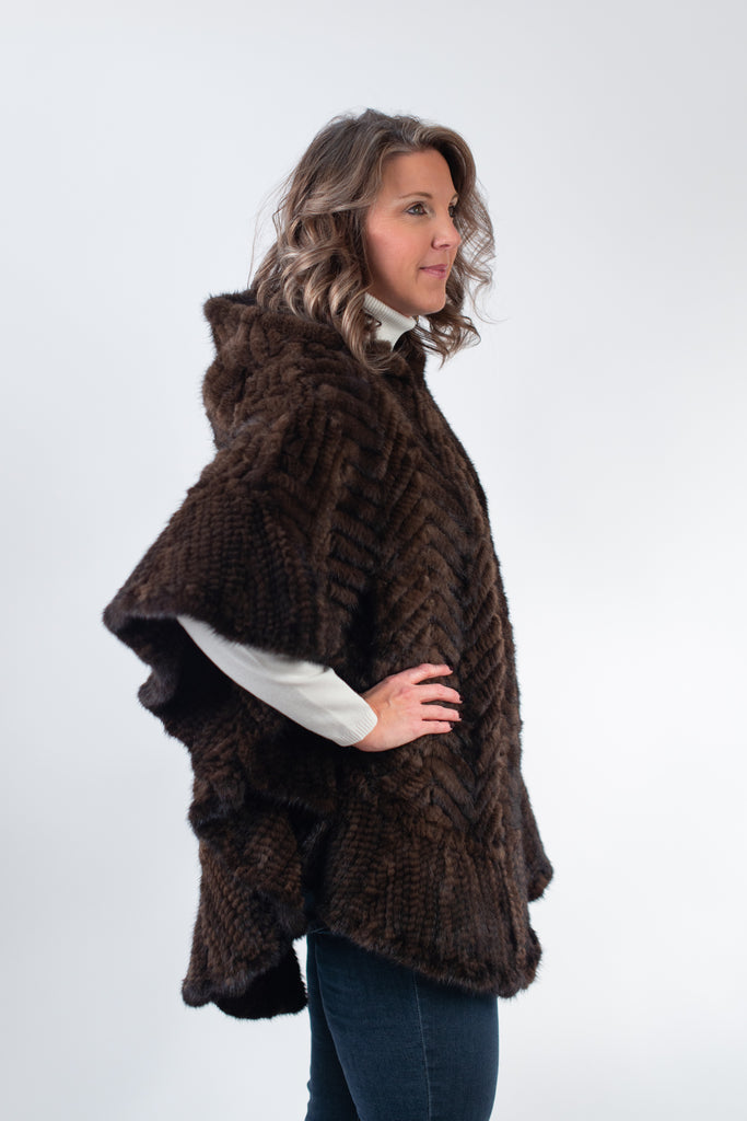 Rippe's Furs Hooded Knitted Mink Zip Front Poncho - Brown