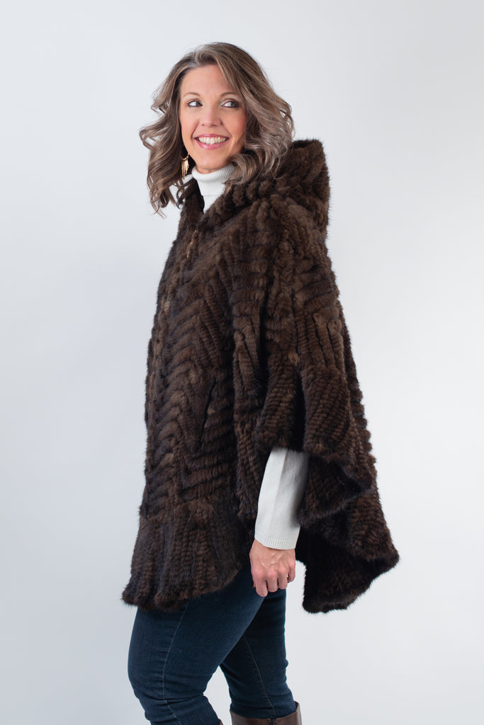 Rippe's Furs Hooded Knitted Mink Zip Front Poncho - Brown