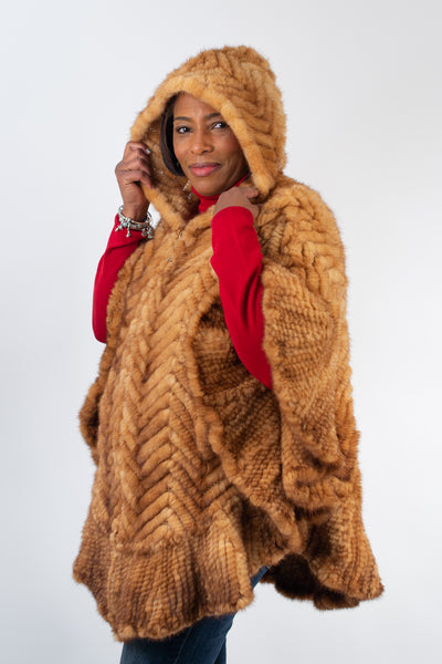 Rippe's Furs Hooded Knitted Mink Zip Front Poncho - Whiskey