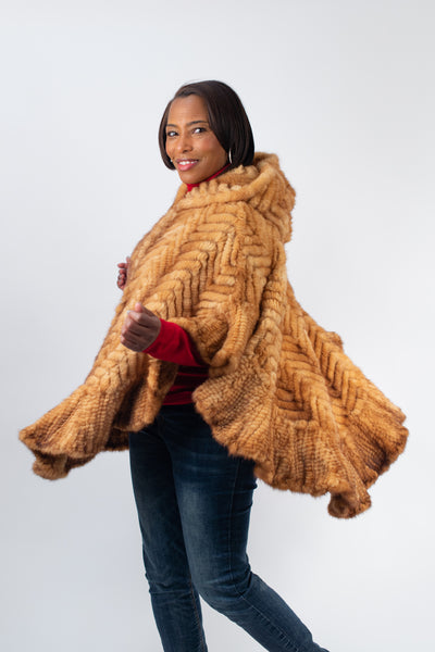 Rippe's Furs Hooded Knitted Mink Zip Front Poncho - Whiskey