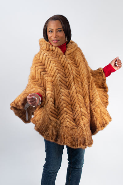 Rippe's Furs Hooded Knitted Mink Zip Front Poncho - Whiskey