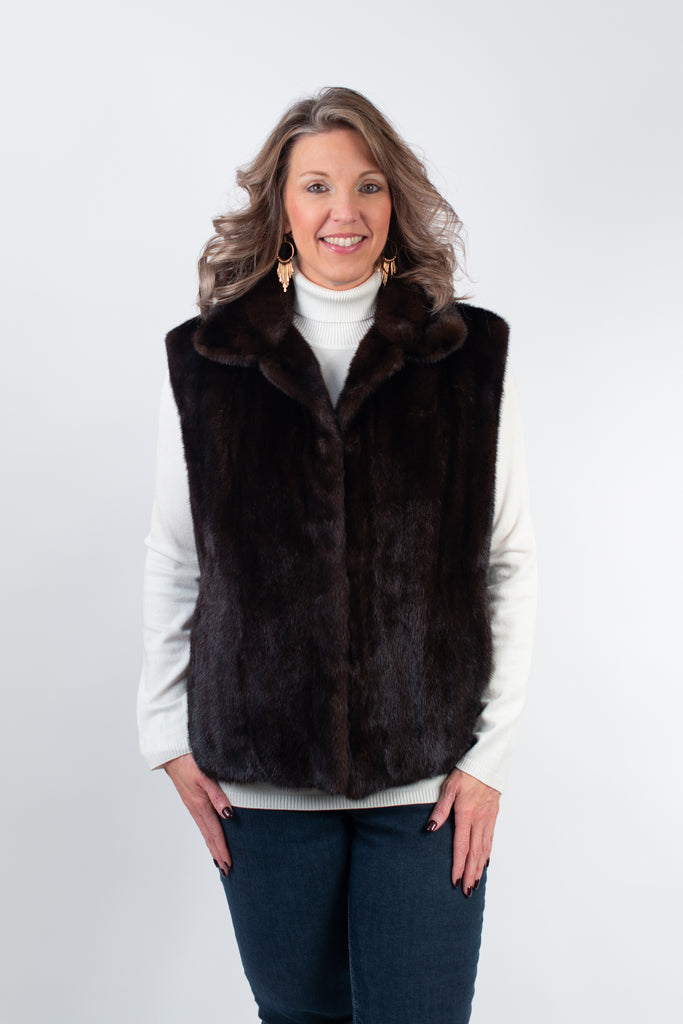 Rippe's Furs 24" Leather Reversible Long Hair Female Mink Fur Vest - Mahogany