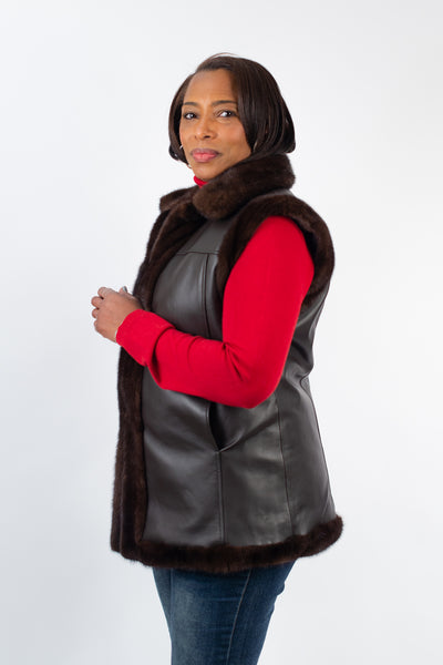 Rippe's Furs 28" Leather Reversible Long Hair Female Mink Fur Vest - Mahogany