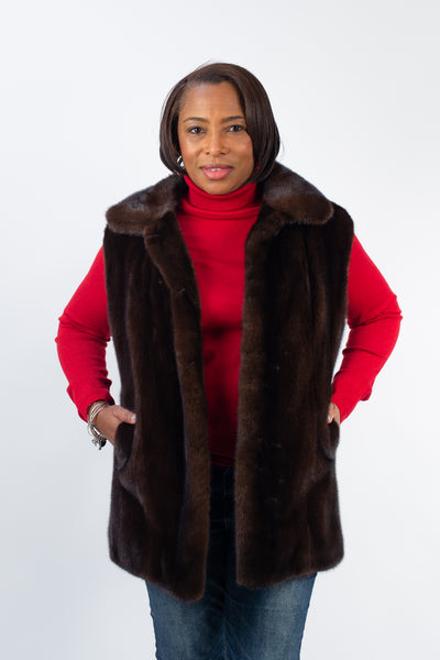 Rippe's Furs 28" Leather Reversible Long Hair Female Mink Fur Vest - Mahogany