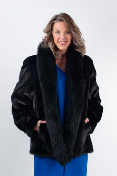 Rippe's Furs Long Hair Mink Fur Stroller with Fox Fur Tuxedo - Black