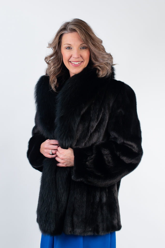 Rippe's Furs Long Hair Mink Fur Stroller with Fox Fur Tuxedo - Black