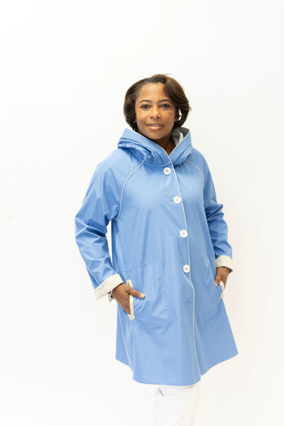 UbU Reversible Hooded Button Front Parisian Raincoat - Periwinkle/Linen *Take an Extra 30% Off*
