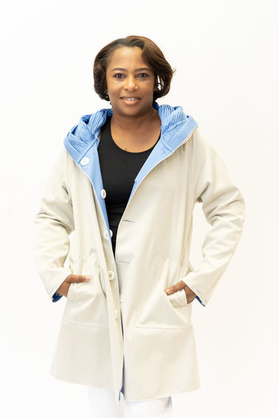 UbU Reversible Hooded Button Front Parisian Raincoat - Periwinkle/Linen *Take an Extra 30% Off*