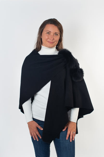 Rippe's Furs Fox Fur Trim Wool Shoulder Loop Wrap - Black