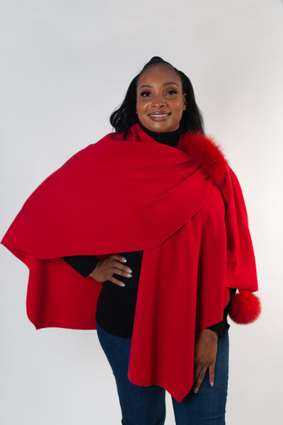 Rippe's Furs Fox Fur Trim Wool Shoulder Loop Wrap - Red