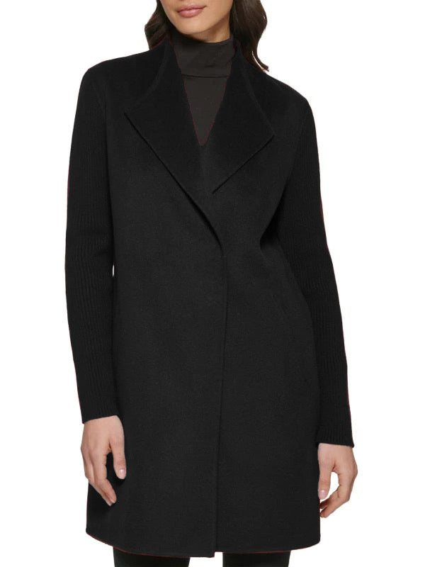 Kenneth Cole Ribbed Sleeve Double Breasted Wool Blend Coat - Black