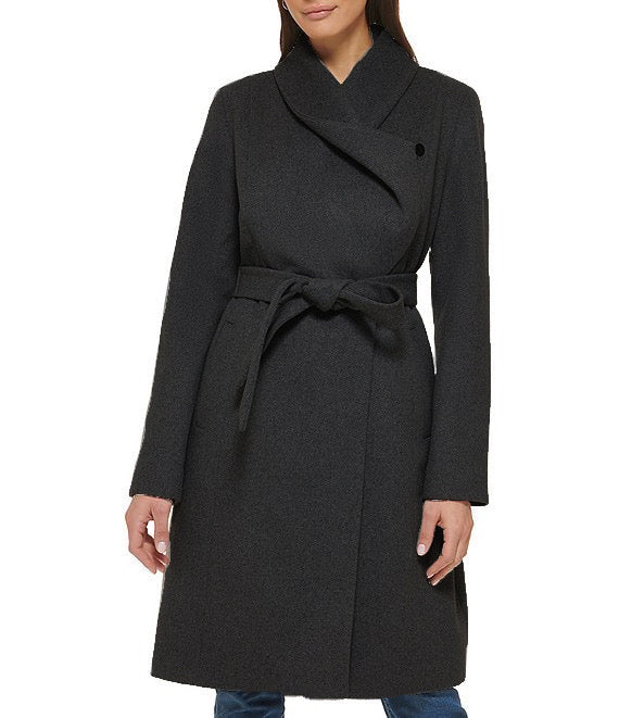 Cole Haan Wide Collar Belted Wool Blend Wrap Coat - Charcoal