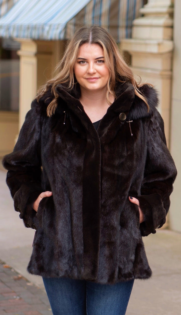 Hooded Wool Wrap Coat with Fox Fur Trim in Grey