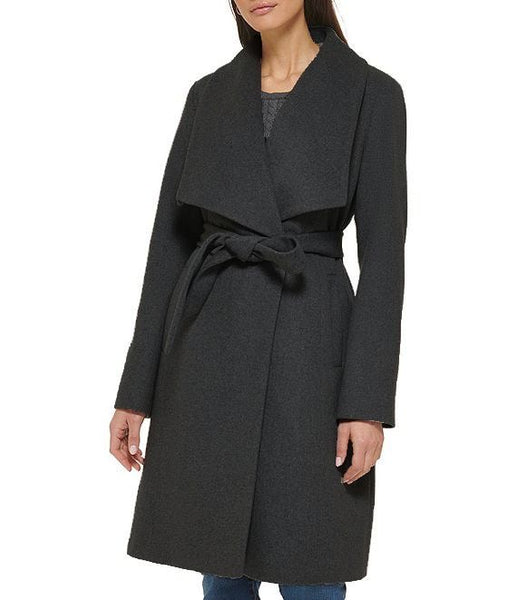 Cole Haan Wide Collar Belted Wool Blend Wrap Coat - Charcoal *Take an EXTRA 25% Off*