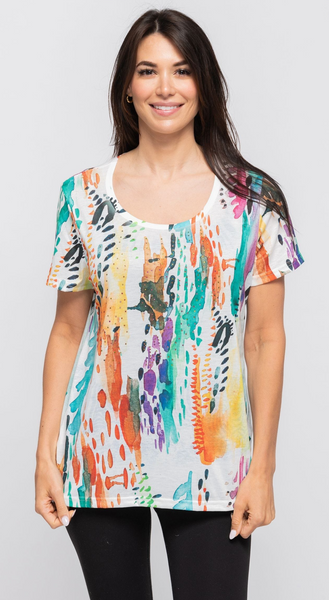 Creation by Fashion Cage Embellished Abstract Print Scoop Neck Top - Multicolor